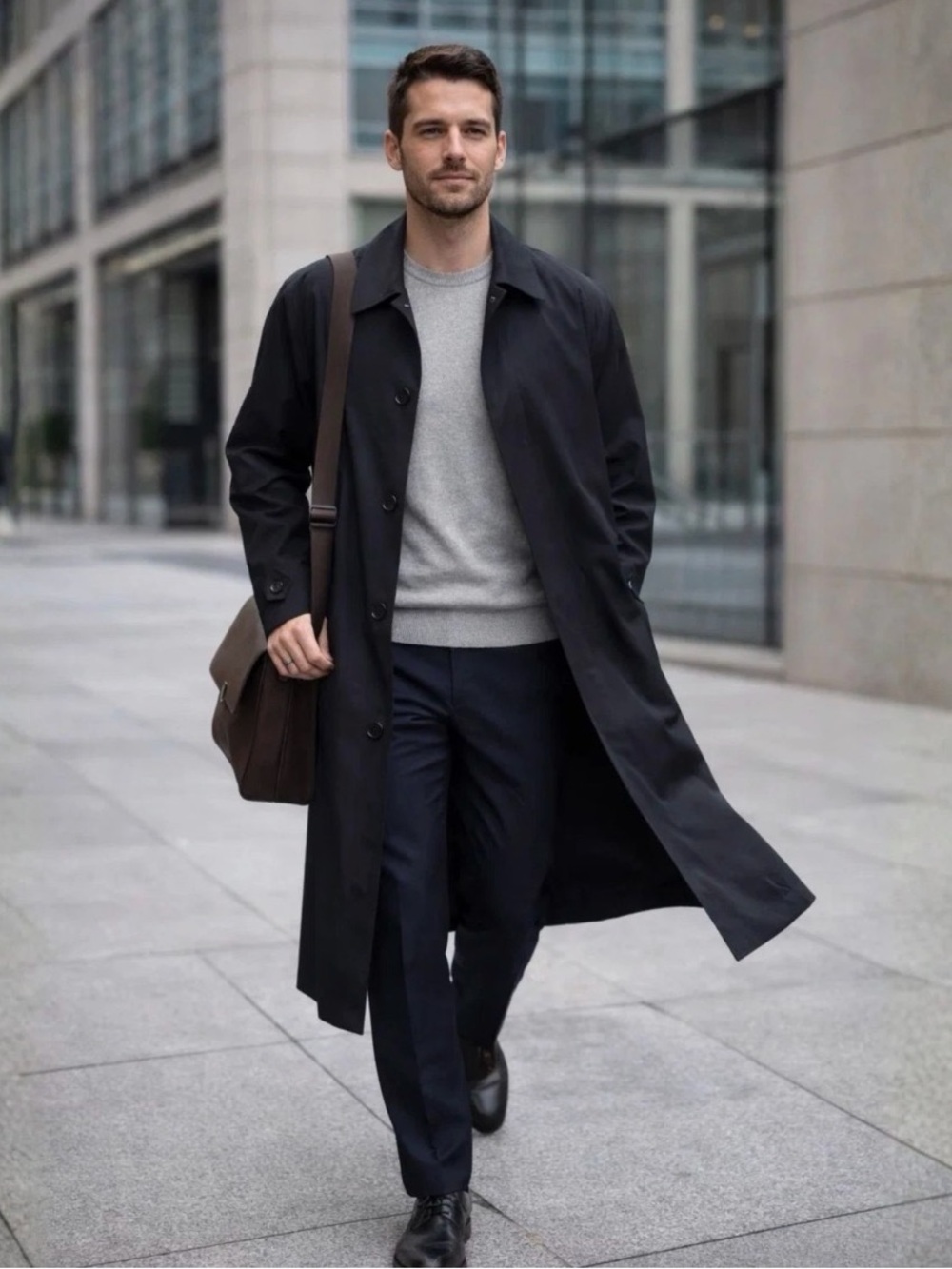 Men's Black Long Trench Coat - Classic Minimalist Overcoat